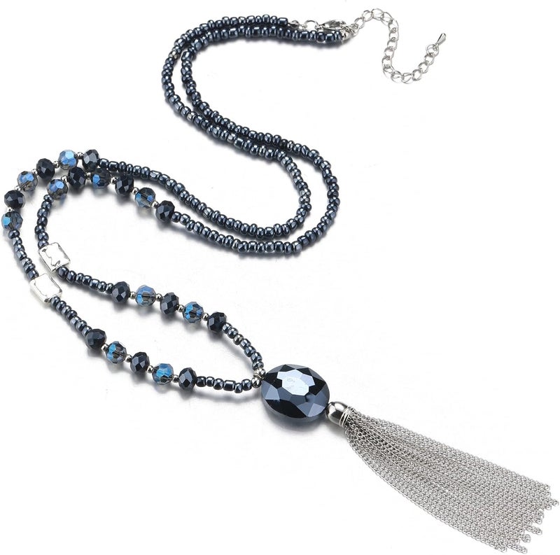 BULINLIN Boho Beaded Long Necklaces for Women Chunky Bead Pendant Necklace with Crystal Tassel Costume Jewelry Gifts for Her - Image 1